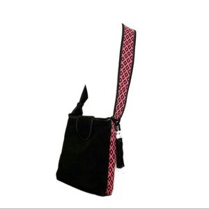 Suede leather black crossbody bag boho style